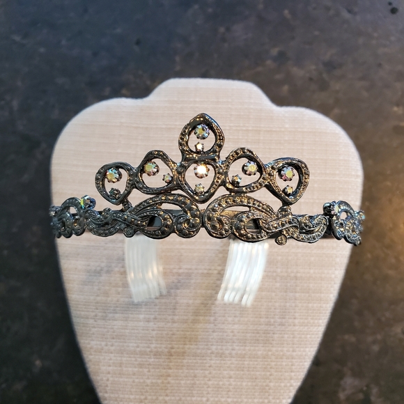 Vintage Accessories - Vintage 90s gunmetal & iridescent rhinestone tiara